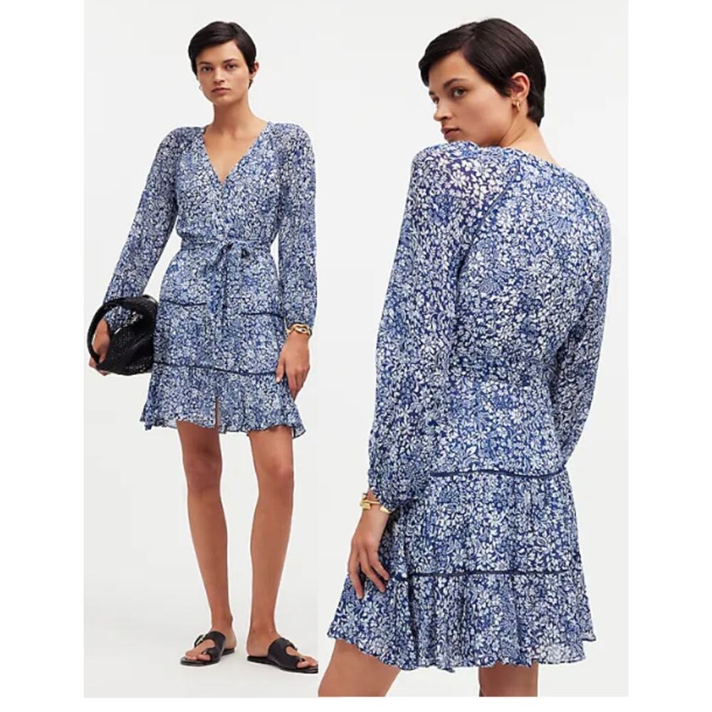 Madewell Floral Long Sleeve Tie-Waist Tiered Mini Dress Blue Ditsy Women's 8 NWT